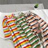 Estilo Coreano de Verano Atuendo para Mejor Amiga Camiseta Sencilla de Rayas Coloridas de Manga Corta Camiseta Pulóver Holgada Estilo Japonés para Estudiantes