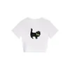 Camiseta Feminina Retrô Americana com Estampa de Gatinho, Gola Redonda, Manga Curta, Nova para o Verão, Top Curto Slim Fit Tendência