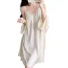 Conjunto de Duas Peças Primavera e Outono com Bojo, Lindo Vestido com Detalhe nas Costas, Camisola Sexy Cor Sólida com Decote V Pura Desejo para Mulheres, Transfronteiriço