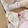Calcetines Blancos para Mujer, Estilo Coreano, Calcetines de Media Pantorrilla Resistentes con Lazo de Perla, Calcetines Dulces con Volante de Encaje en el Borde, Calcetines Lolita