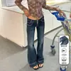 Jeans acampanados de tiro bajo estilo Yi Mengling para mujer, nuevo modelo 2026, pantalones de campana ajustados estilo americano azul oscuro para chica hot