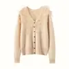 Nuevo cárdigan de cachemira para otoño e invierno con diseño de encaje patchwork, cuello en V para mujer, corte holgado, adelgazante y cálido suéter de lana