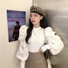 Tejido de Punto con Mangas Abullonadas Otoño e Invierno 2023 Suéter Francés Chal Retro Pulóver Delgado de Manga Larga Ropa para Mujer Empalme