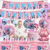 Decoración para Fiesta Temática Rosa de Stitch Bandera de Cumpleaños para Niños Pegatina para Insertar en Pastel Set de Globos