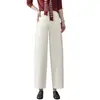 Calça Feminina Customizada Azul Escuro de Sarja para Primavera e Outono, Comprimento Nove Pontos, Corte Reto Wide Leg, Cintura Alta, Botão Único, Design com Costura Central, Elegante, para o Trabalho