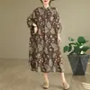 Nuevo Vestido de Vacaciones Elegante Vintage de Algodón y Lino Estampado con Cuello Alto Holgado de Gran Tamaño de Comercio Exterior