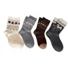 Calcetines de Lana Estilo Fair Isle Retro para Mujer en Otoño e Invierno, Calcetines Cálidos y Engrosados de Media Pantorrilla, Lindos Calcetines con Lazo y Perrito