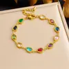 Pulsera de cadena geométrica con microincrustaciones de piedras preciosas de colores de moda transfronteriza, pulsera de acero inoxidable para mujer, forma ovalada, gota de agua, cuadrada