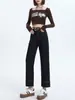 9895 Jeans Cropped de Tiro Alto con Puño para Mujer Petite Pantalones Rectos de Pierna Ancha Cubren las Caderas Adelgazantes