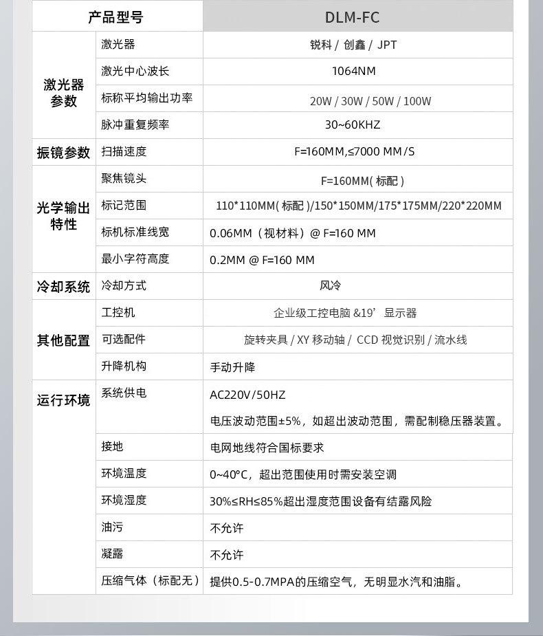 光纤激光打标机参数信息
