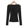 AP24348-24 Verão Novo Francês Garota Quente Sexy Estilo Puro Gola V Cruzada Kink Manga Longa Slim Camiseta