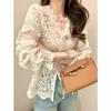 Blusa de Renda Francesa para Mulheres 2025 Primavera Novo Estilo Peça Externa Estilo Estrangeiro Decote V Curta Modelagem Emagrecedora Blusa de Renda Vazada para Mulheres