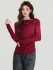 Suéter de Punto Rojo Navideño para Mujer, Hombros Descubiertos, Manga Larga, Otoño e Invierno, con Dobladillo Inclinado, Engrosado, Fruncido, Cintura Ceñida, Prenda Base