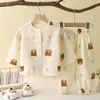 Nuevo conjunto de pijama de gasa de algodón de doble capa para niños, adecuado tanto para niños como para niñas, ropa de aire acondicionado para primavera y verano, conjunto fino y transpirable para bebés