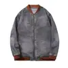 Jaqueta jeans lavada estilo americano com gola redonda para homens, jaqueta baseball color blocking, moda primavera e outono, peça externa casual masculina solta e moderna