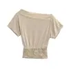 Camiseta corta de encaje con retazos, hombros descubiertos y manga corta para mujer, diseño de verano con efecto reductor y entallado en la cintura