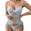 Liguero de encaje azul bordado transfronterizo conjunto de lencería sexy