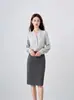 Camisa de Manga Larga Gris con Cuello en V para Mujer Traje de Dos Piezas Pantalones Falda Sencillo Profesional Otoño e Invierno Ropa de Trabajo Nueva