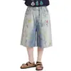 Shorts de Mezclilla para Niñas 2026 Verano Nuevo Estilo para Niños Mayores, Camiseta de Manga Corta con Estampado de Letras, Pantalones de Cinco Puntos de Pierna Ancha con Graffiti, Modernos