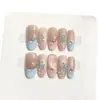 YiheBlue Island Flower CreekUñas Artísticas Francesas Cat Eye con Diamantes y Flores Hielo Azules 3D, Uñas Portátiles Hechas a Mano Suaves