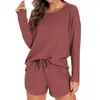 Conjunto de Pijama de Punto Waffle para Mujer Top de Manga Larga y Shorts a Juego Traje Casual Se Puede Usar Afuera Ropa de Casa