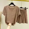 Traje de punto para mujer de verano, cuello redondo, manga corta, hilo floral, pijama suelto, fino, talla grande, shorts, traje casual de dos piezas