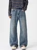 Calça Jeans Masculina Mu Qiu com Estampa de Raio Micro Flare Lavada Masculina Solta Toque de Luxo Retro Malandro Bonito Flare Calça Longa