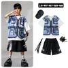 Ropa de Moda Hip-hop para Niños Traje Azul de Manga Corta con Chaleco Falso para Niños Ropa Genial de Hip-hop para Actuación de Niñas
