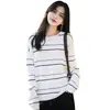 Suéter de punto casual a rayas para mujer, algodón puro, cuello redondo, hombros caídos, corte holgado, simple y versátil para el uso diario, mangas largas, estilo pullover