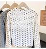 Camiseta Cinza com Bolinhas no Ombro Direito para Mulheres Solta Primavera e Outono 2025 Nova Manga Longa Curta Camisa Base para Mulheres Tendência