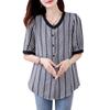 Camisa de Verano Talla Grande Nueva Moda Estilo Retro para Mujer Versión Coreana Top de Manga Corta Trendy con Parche de Rayas