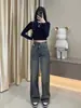 Jeans de Pierna Ancha con Lavado Negro para Mujer Verano Rectos Ajustados de Aspecto Sueltos Diseño de Cintura Alta Tallas Grandes Pantalones de Moda