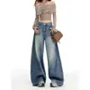 Moda Feminina Casual Novo Jeans Azul Solto Estilo Americano para Mulheres Plus Size, Calças de Perna Larga Soltas de Cintura Alta Emagrecedoras, Comprimento Total