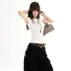 Camiseta de Estilo Americano con Patrón Cruzado para Mujer, Verano Vintage Chica Picante Ajustada Elegante de Manga Corta Top Corto Negro con Hombros Normales