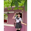 Traje de Verano Original Uniforme JK Cintura Ajustada Manga Corta Camisa Falda Cuadros Gris Carbón Chic Falda Corta Dulce y Picante Estilo Preppy