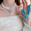 Conjunto de Brincos Pendentes de Pérola com Cravação de Diamantes e Colar, Corrente Clavícula Estilo Palácio Retrô, Joias de Luxo Leve e de Alto Padrão para Mulheres