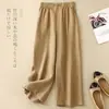 Calças de Linho de Algodão Estilo Chinês Nova Moda Primavera e Outono Calças Retas Longas Cintura Elástica nas Costas Calças Casuais Roupa Feminina