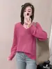 Camiseta Base de Tricô com Decote V Vazado para Mulheres, Manga Longa, Novo Estilo Primavera e Outono 2026, Roupa de Baixo Estilosa, Suéter Pulôver de Cor Sólida