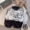 Conjunto Nuevo de Verano para Niños Estampado de Letras Sin Mangas Chaleco Cardigan Teñido con Tinta Conjunto de Dos Piezas Camisa y Shorts para Niños y Niñas