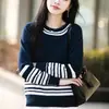 Suéter de tricô listrado de algodão puro para exportação transfronteiriça para mulheres, gola redonda, design color-block, estilo casual, adequado para o trabalho e uso diário, peça básica de manga comprida