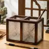 Porta-Canetas de Vidro Embossado Flor Begônia Retrô com Base de Madeira Sólida, Compartimento Duplo, Recipiente de Armazenamento para Papelaria e Diversos de Mesa de Escritório, Ornamento