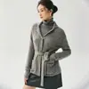 Suéter de Caxemira Moda Gola Meia Aberta Engrossada Cardigã Feminino Cintura Marcada Manga Longa Malha Canelada Peça de Vestir com Cinto Suéter Feminino