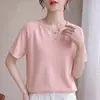Camiseta de punto fino de manga corta con cuello en V estilo francés para mujer 2026 Nuevo Verano Azul Versátil