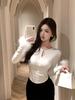 Camiseta Base de Punto Calado Maomao con Costuras y Cuello en V para Mujer, Otoño e Invierno, Elegante, Cintura Ceñida, Ajustada, Top Corto Interior Ceñido