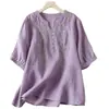 Blusas Bordadas de Algodón y Lino de Manga Corta para Mujer, Camisas Artísticas Retro de Algodón y Lino, Corte Holgado y Elegante, Nuevo Estilo de Verano