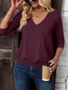 Conjunto de 2 peças Amazon transfronteiriço de blusas femininas de manga três quartos, camisa casual de outono com decote V e amarração frontal