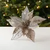 Flor de Tela Pegajosa Navideña Malla Lentejuelas Adorno Flor Artificial Árbol de Navidad Decoración de Ventana Arreglo Floral Rama 28cm
