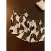 Conjunto de Pijama Camisola Estilo Coreano Retrô Garota Picante Estampa de Leopardo para Mulheres, Verão Fino Puro Desejo Casual Regata e Shorts Conjunto para Casa