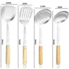 Espátula de Acero Inoxidable 304 con Mango de Madera Maciza, Cuchara para Sopa, Espátula para Freír, Espumadera, Utensilios de Cocina Engrosados Resistentes al Calor, Espátula Doméstica para Cocinar