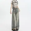 Jeans Vintage de Cor Clara de Perna Larga Feminino Outono e Inverno Novo Design Americano com Senso de Design Cintura Alta Calça Reta Solta Emagrecimento